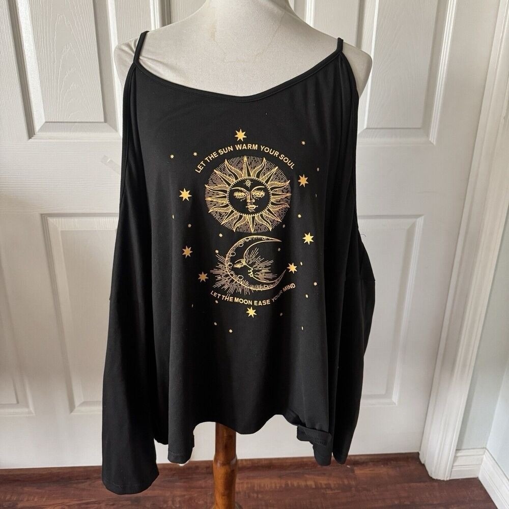 4XL Black Cold Shoulder Top Celestial Sun Moon Graphic Boho Plus Shein Curve